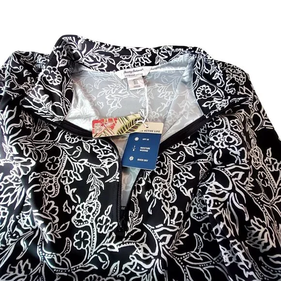 Tommy Bahama Everyday Active Black & White Floral Long Sleeve Zip Top Size  L - Picture 11 of 12